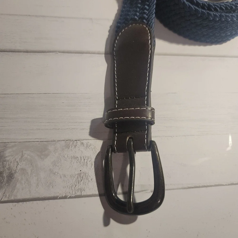 Navy‎ Blue Canvas Woven Belt Large Brown Leather Preppy Casual Business